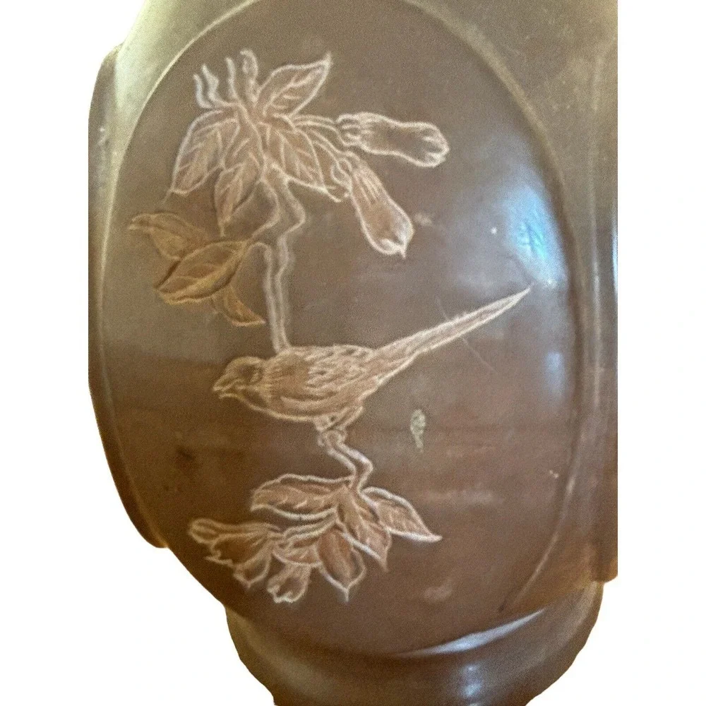 Signed Antique Chinese Asian Bronze Vase Urn Etched Birds Flower 10.5” X 7”